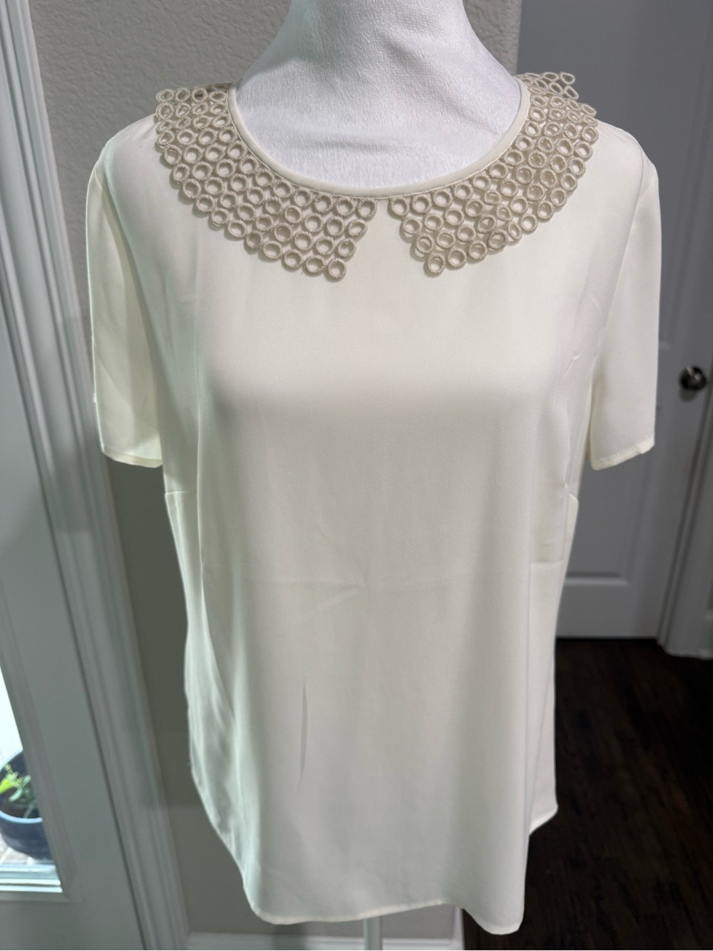 Ann Taylor Cream Short-Sleeve Blouse with Loop-Embellished Peter Pan Collar 10